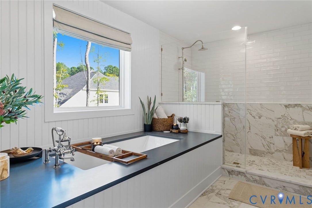 00 Perkinsville Lot 6 Road, Perkinsville Estates, Maidens, VA 23102 Freestanding soaking tub with polished chrome fixtures, surrounded by white beadboard paneling and a dark countertop