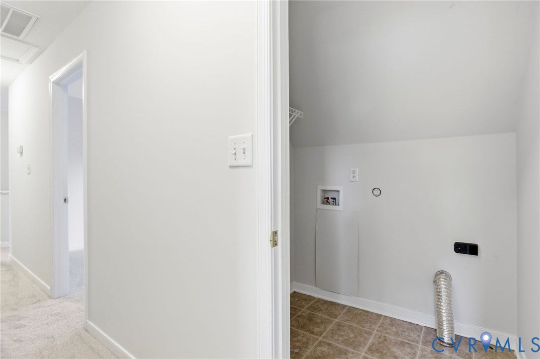 6412 Autumn Mist Way, Chesterfield, VA 23832 Dedicated laundry area featuring tile flooring, washer hookups, dryer hookup, and overhead storage shelving