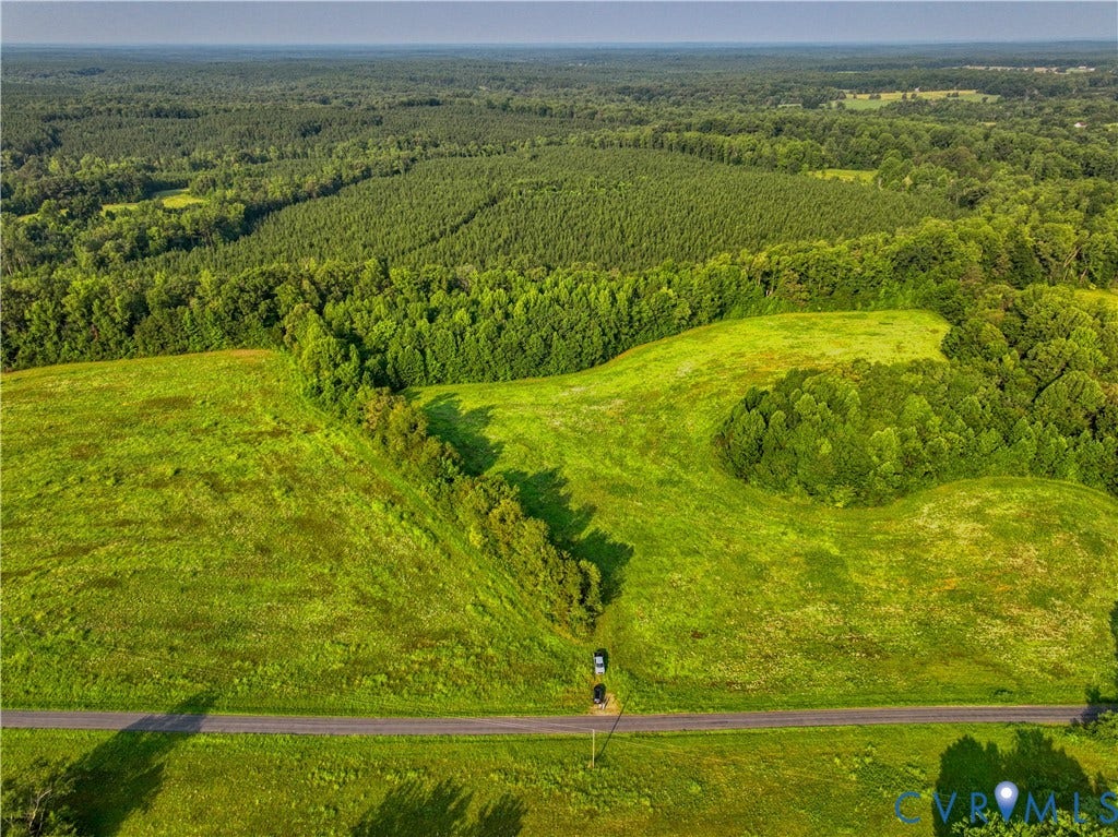 Expansive green acreage featuring a paved road, undulating topography, and dense perimeter woodlands