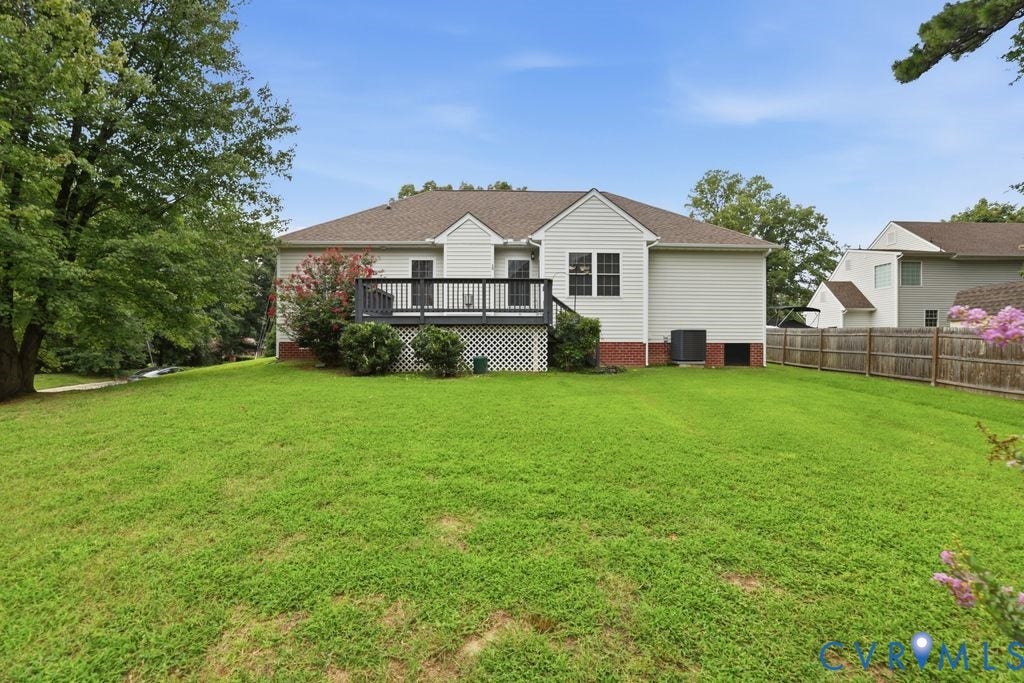3819 Daniels Street, Chesterfield, VA 23831 Expansive rear yard featuring a wide lawn, mature trees, and a wooden privacy fence