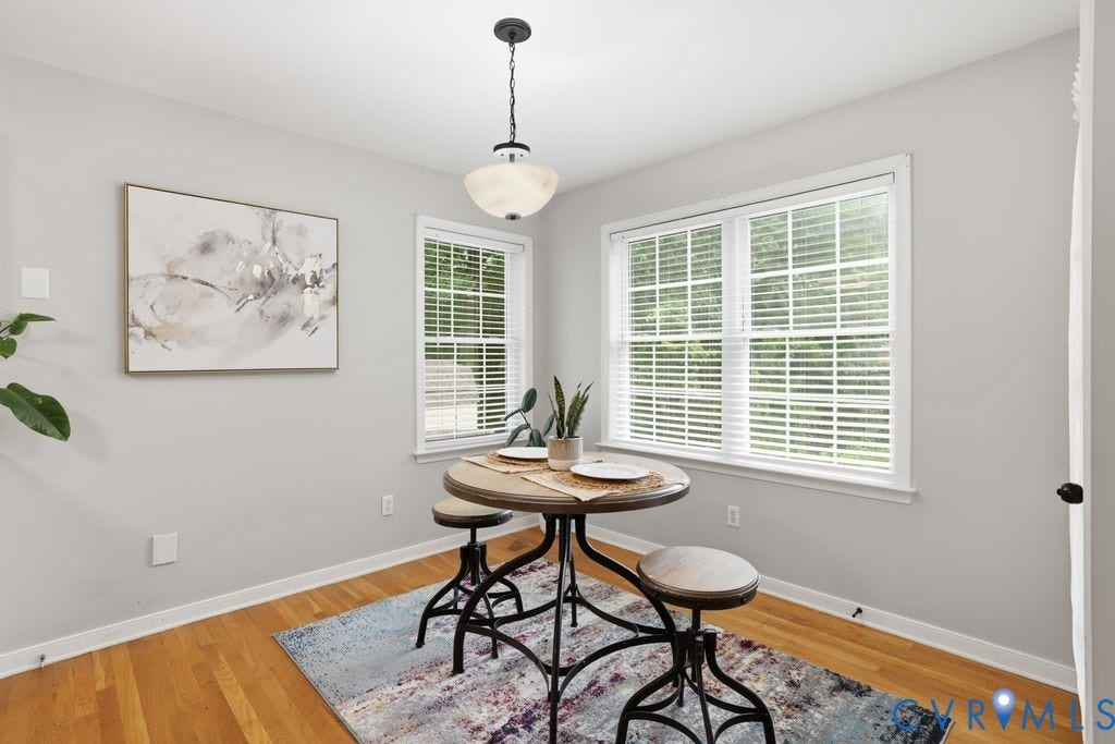 3819 Daniels Street, Chesterfield, VA 23831 Neutral-toned room with wood-finish flooring, two large windows with white blinds, and a central pendant light fixture