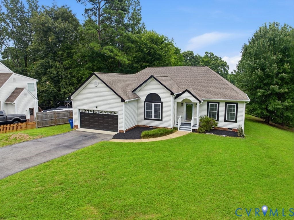3819 Daniels Street, Chesterfield, VA 23831 Ranch-style residence featuring white siding, a dark roof, and contrasting black window trim