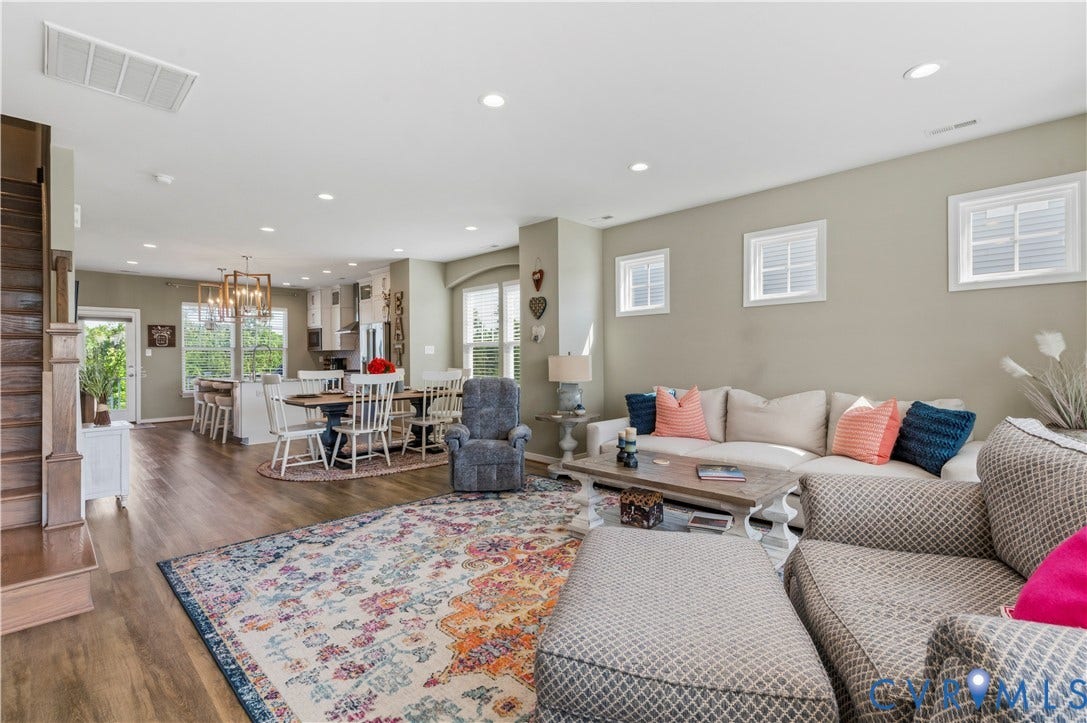 10414 Perennial Drive, Henrico, VA 23233 Open-concept living space featuring wood-finish flooring, recessed lighting, and a prominent staircase with wood newel posts