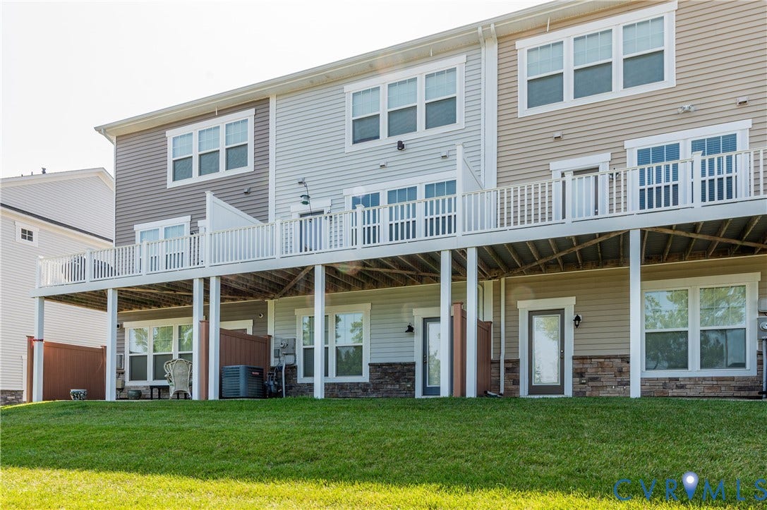 10414 Perennial Drive, Henrico, VA 23233 Townhome exterior featuring multi-level siding, white trim windows, and ground-level patios