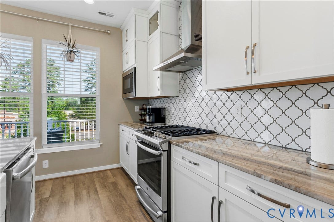 10414 Perennial Drive, Henrico, VA 23233 Kitchen featuring white cabinetry, light-toned countertops, a patterned tile backsplash, stainless steel appliances, and wood-finish flooring