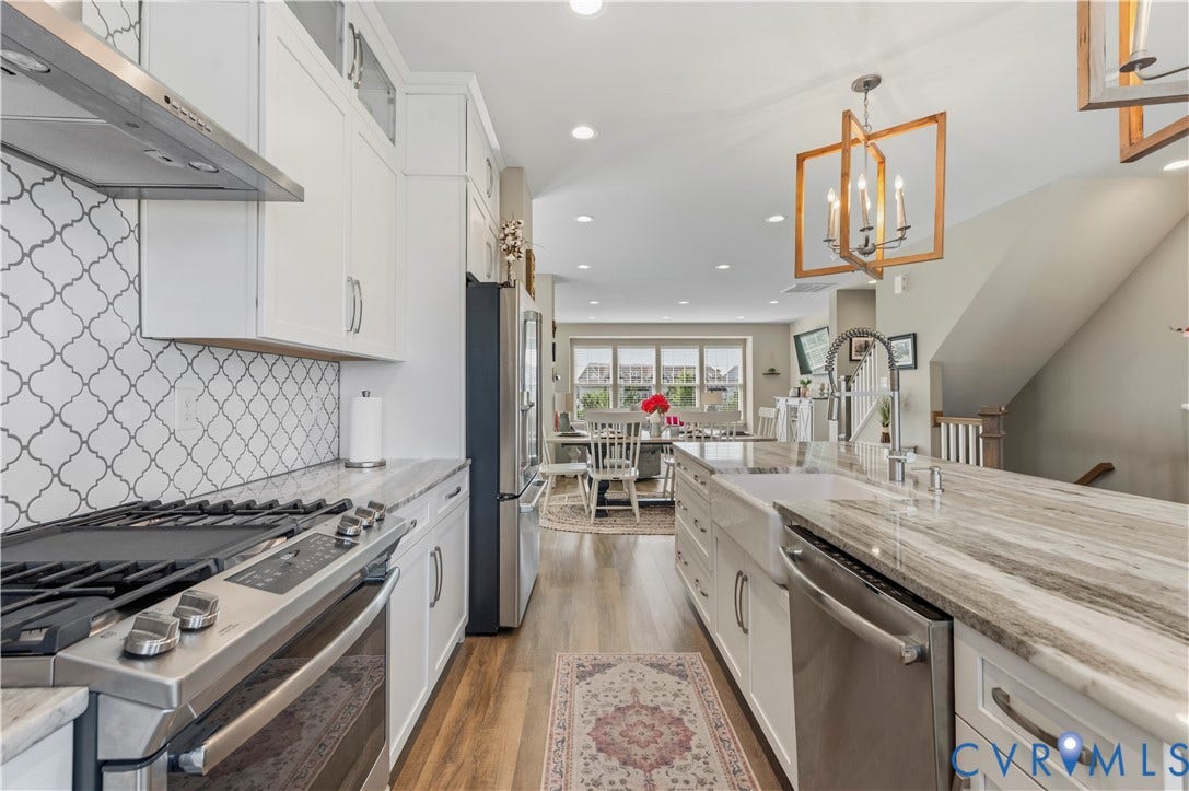 10414 Perennial Drive, Henrico, VA 23233 Modern kitchen featuring stainless steel appliances, white cabinetry, a patterned tile backsplash, a large center island with a farmhouse sink, and wood-finish flooring