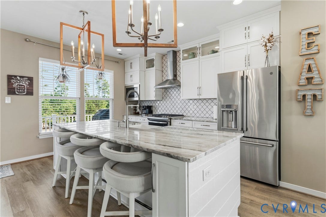 10414 Perennial Drive, Henrico, VA 23233 Open-concept kitchen featuring an oversized island with a polished stone countertop, white cabinetry, stainless steel appliances, a geometric tiled backsplash, and wood-finish flooring