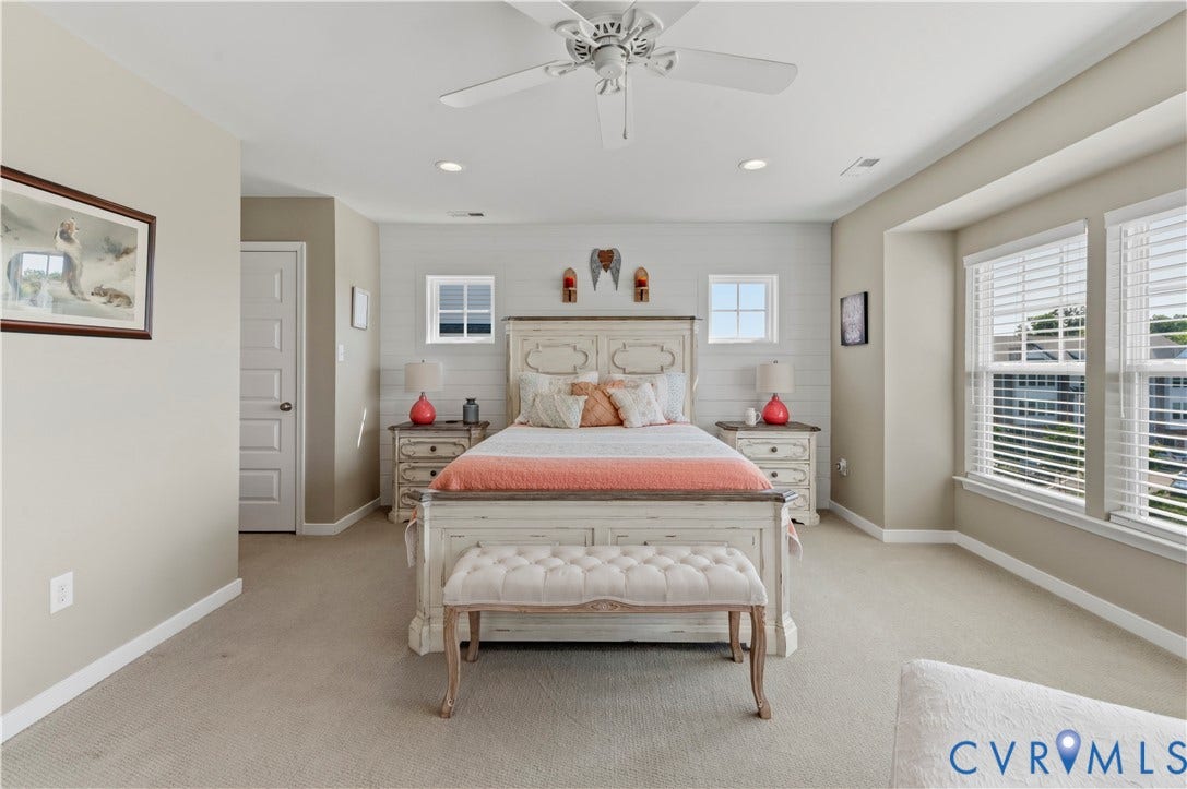 10414 Perennial Drive, Henrico, VA 23233 Carpeted sleeping area featuring a shiplap accent wall, multiple windows, recessed lighting, and a ceiling fan