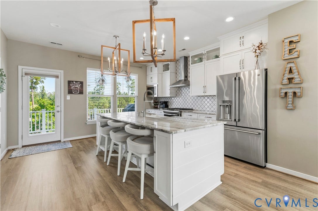10414 Perennial Drive, Henrico, VA 23233 Open-concept kitchen featuring an oversized island with countertop seating, stainless steel appliances, a tile backsplash, and wood-finish flooring