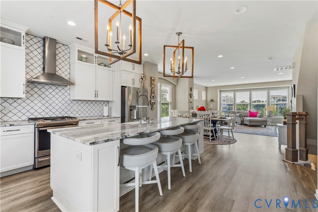 10414 Perennial Drive, Henrico, VA 23233 Gourmet kitchen featuring a large island with seating, stainless steel appliances, white cabinetry, a distinctive tiled backsplash, and wood-finish flooring