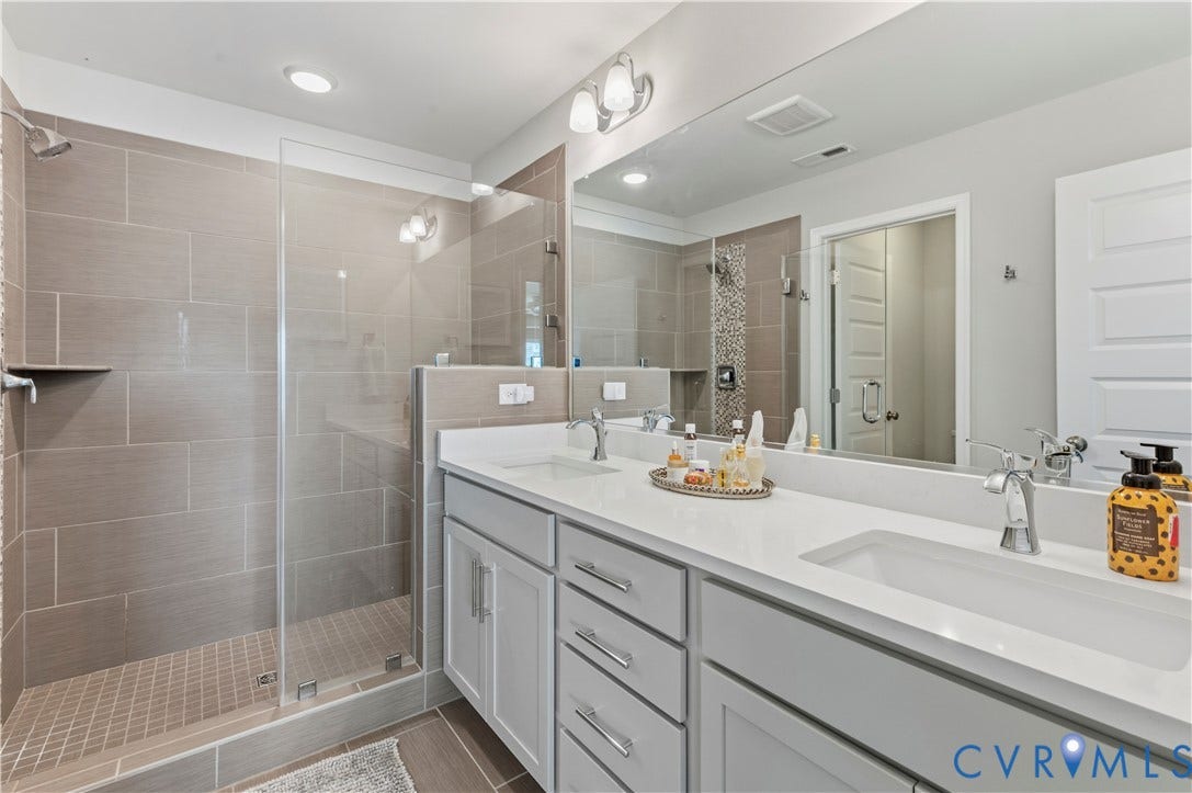 10414 Perennial Drive, Henrico, VA 23233 Bathroom featuring a dual vanity with light gray cabinetry, chrome hardware, and white countertops