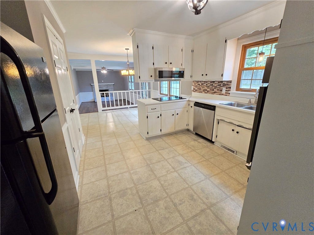 3901 Buckland Place, Chester, VA 23831 Kitchen featuring white cabinetry, stainless steel dishwasher, integrated cooktop, dual basin sink, and mosaic tile backsplash
