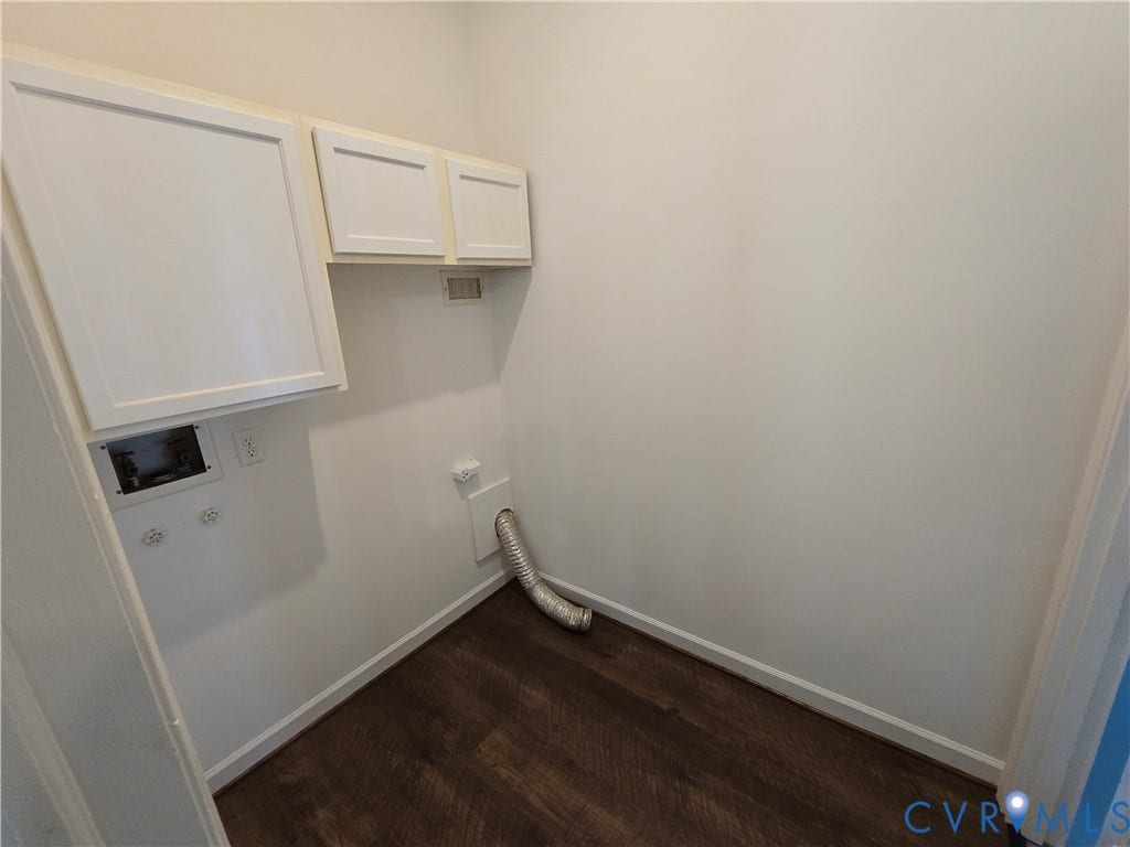 3901 Buckland Place, Chester, VA 23831 Laundry area featuring white cabinetry, wood-finish flooring, and utility hookups
