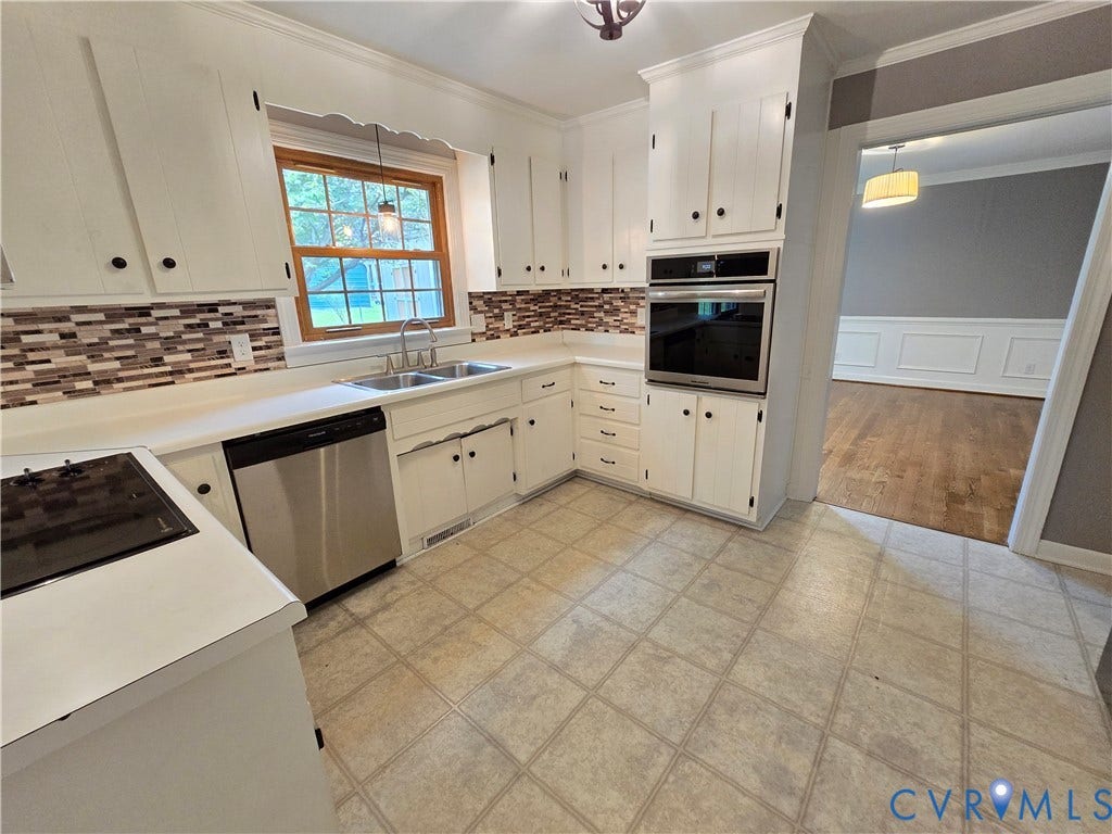 3901 Buckland Place, Chester, VA 23831 U-shaped kitchen featuring white cabinetry, built-in stainless steel oven, integrated dishwasher, and a mosaic tile backsplash