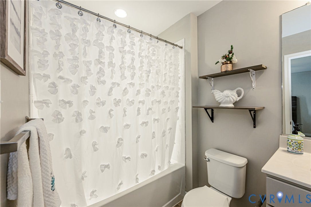 1324 Stone Ridge Park Loop, Henrico, VA 23228 Bathroom with a white tub and shower combination, light gray walls, and a built-in toilet