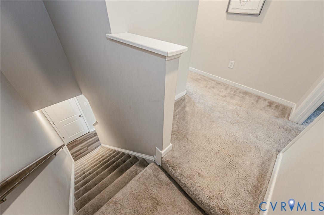 1324 Stone Ridge Park Loop, Henrico, VA 23228 Carpeted staircase and hallway featuring light gray walls, white trim, and a white interior door