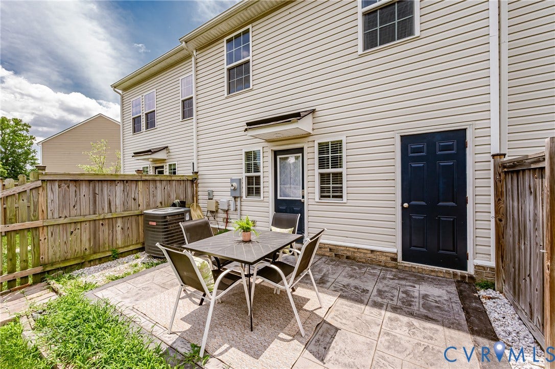 1324 Stone Ridge Park Loop, Henrico, VA 23228 Private outdoor patio space featuring stamped concrete, a full privacy fence, and an exterior storage door