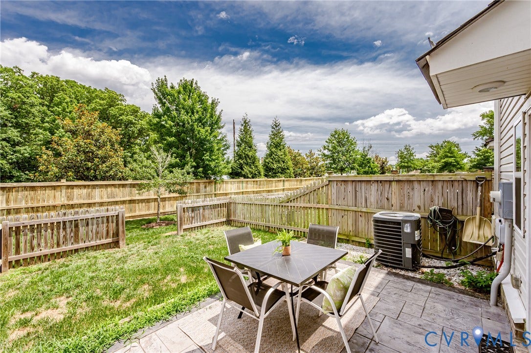 1324 Stone Ridge Park Loop, Henrico, VA 23228 Fenced backyard featuring a textured stamped concrete patio, a manicured lawn, and mature perimeter trees