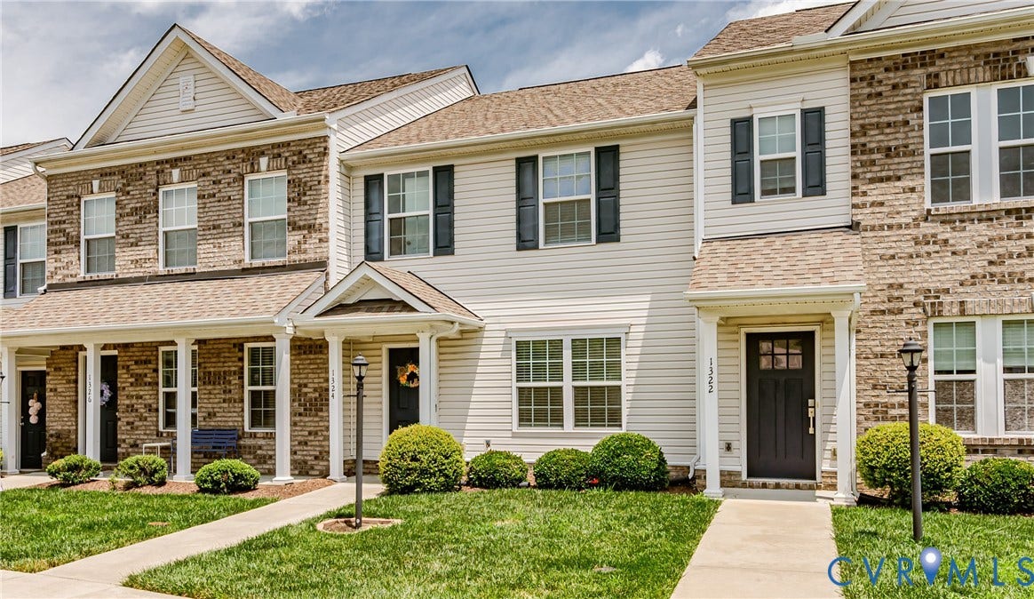 1324 Stone Ridge Park Loop, Henrico, VA 23228 Townhome exterior featuring light-colored siding, dark window shutters, a covered entry, and a dark front door with glass panels