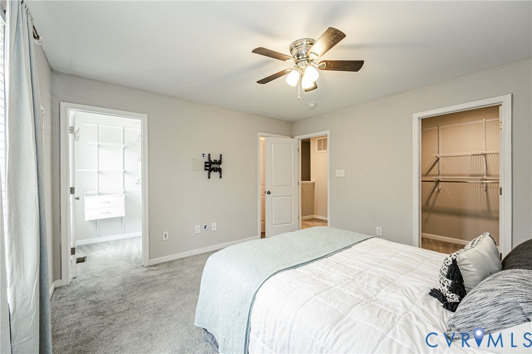 1324 Stone Ridge Park Loop, Henrico, VA 23228 Carpeted bedroom with a ceiling fan, light gray walls, and white trim