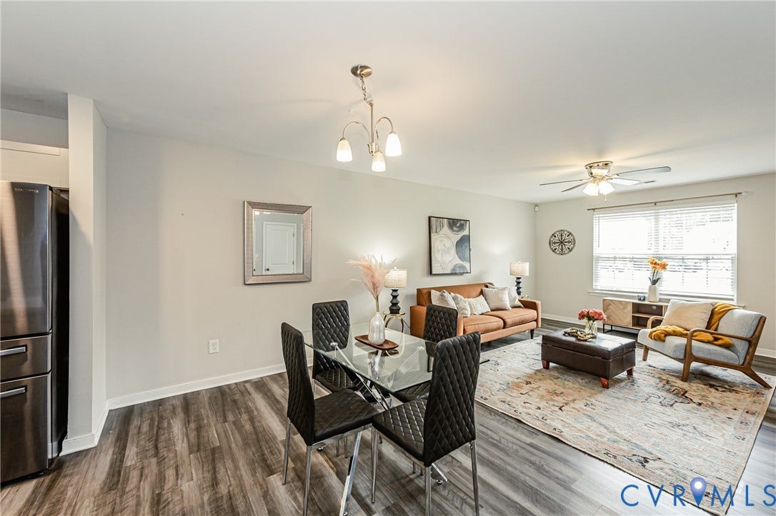 1324 Stone Ridge Park Loop, Henrico, VA 23228 Open-concept living space featuring wood-finish flooring, a ceiling fan with integrated lighting, and a window with horizontal blinds