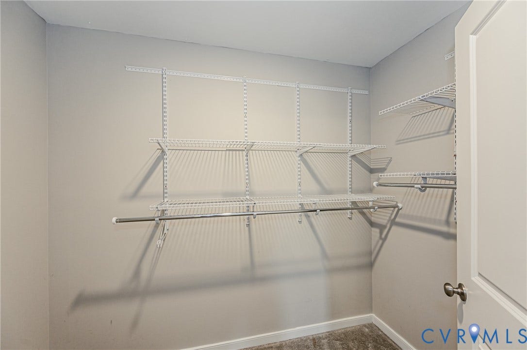 1324 Stone Ridge Park Loop, Henrico, VA 23228 Walk-in closet featuring wire shelving, multiple hanging rods, light-toned walls, white trim, and a neutral carpet