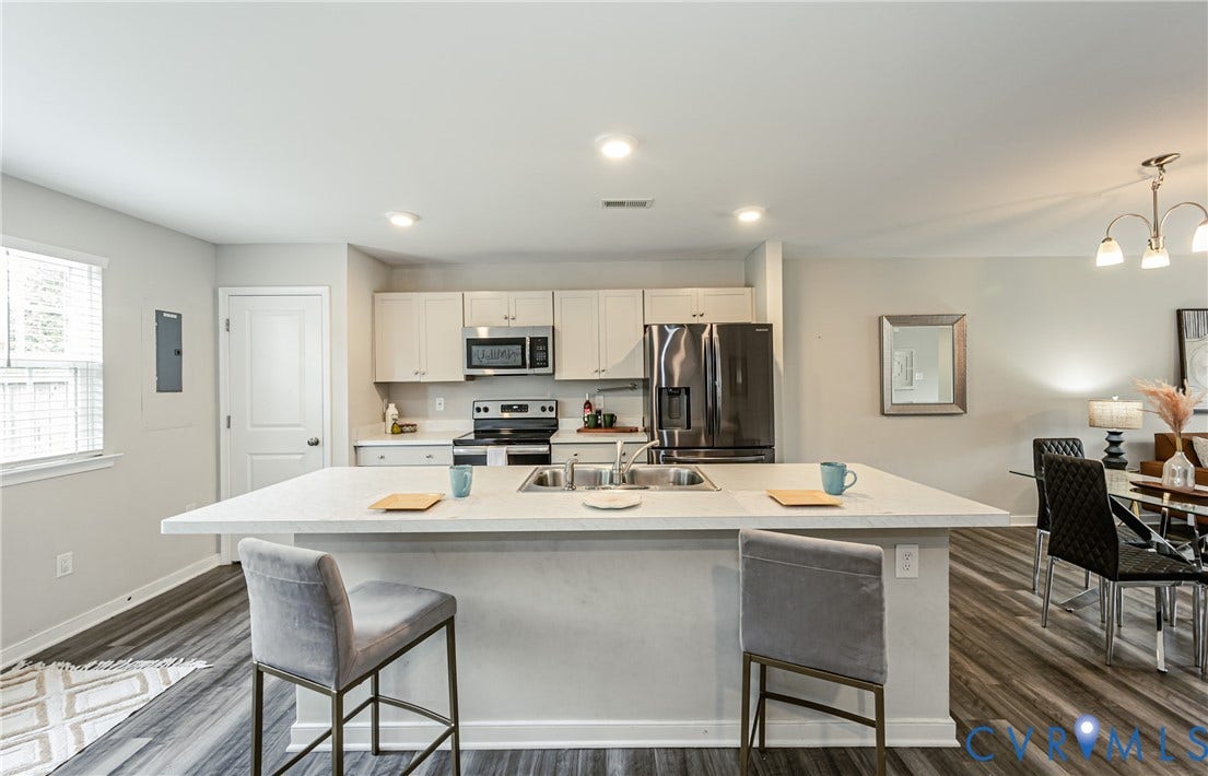 1324 Stone Ridge Park Loop, Henrico, VA 23228 Open-concept kitchen featuring an expansive island with seating, a double basin sink, and stainless steel appliances