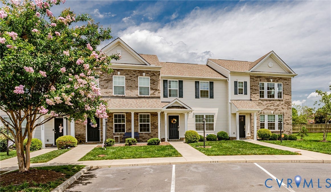1324 Stone Ridge Park Loop, Henrico, VA 23228 Two-story townhome exterior featuring light-colored siding, brick accents, dark shutters, and a covered porch entry