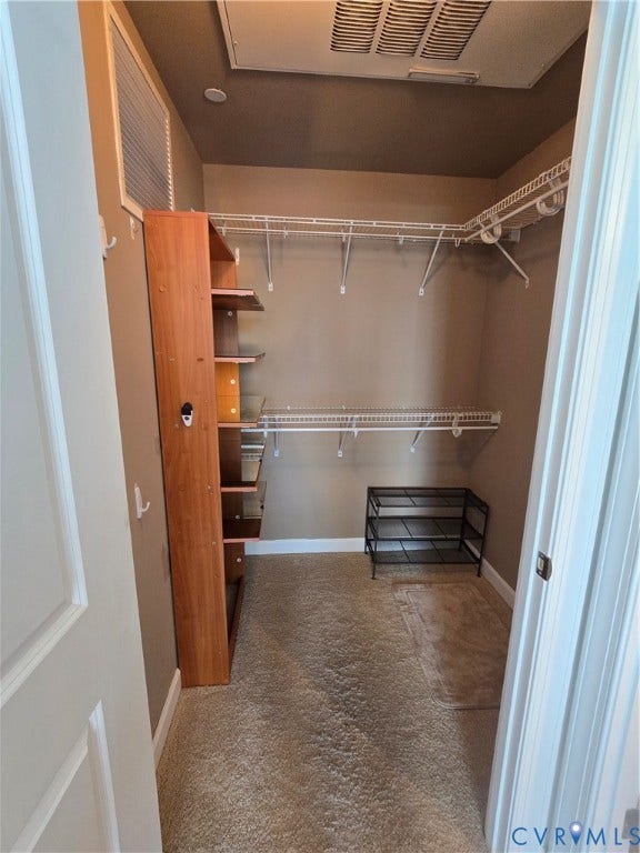 1101 Haxall Point, #815, Richmond, VA 23219 Spacious walk-in closet featuring wire shelving, built-in wooden shelving, and warm-toned carpeting