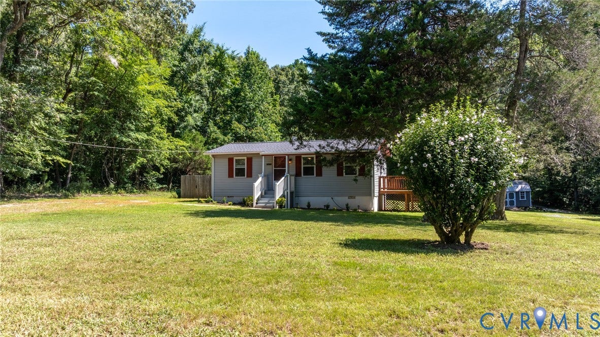 13070 Auburn Mill Road, Glen Allen, VA 23059 Ranch-style exterior with light gray siding, red shutters, and a gray shingle roof