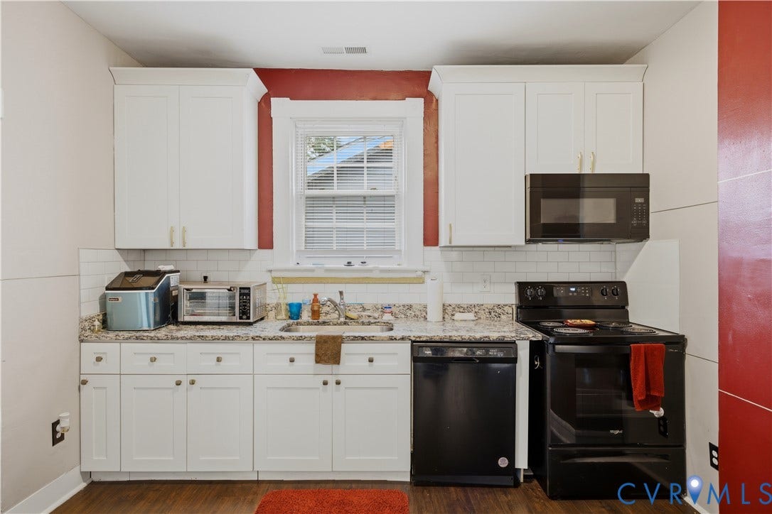 1615 N 19th Street, Richmond, VA 23223 Kitchen featuring white shaker-style cabinetry, a built-in microwave, black dishwasher, and black electric range