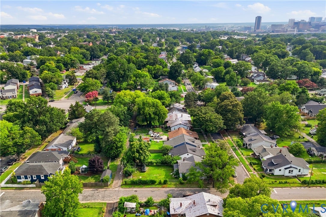 1615 N 19th Street, Richmond, VA 23223 Aerial perspective showcasing a residential area with mature trees