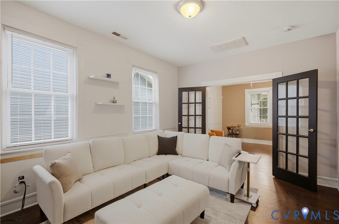 1615 N 19th Street, Richmond, VA 23223 Interior living space featuring dark wood-finish flooring, light-toned walls, and multiple windows with blinds