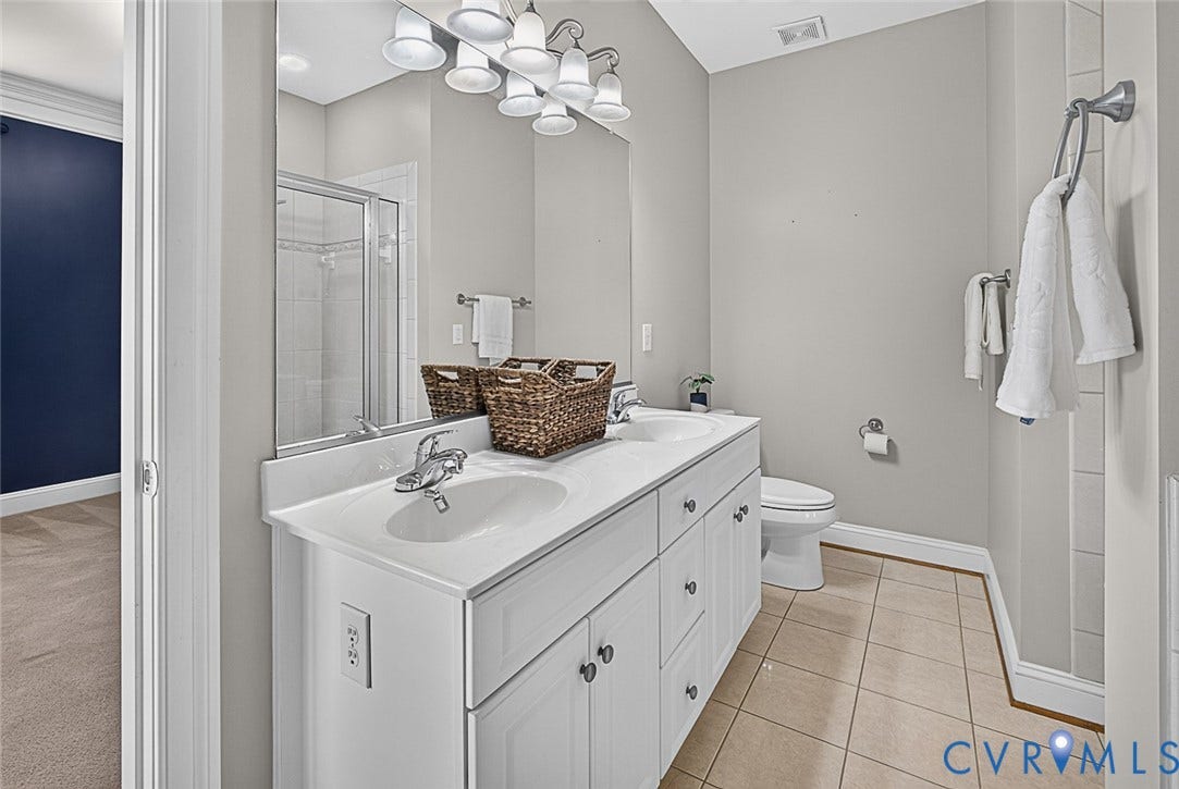 710 S Laurel Street, Oregon Hill, Richmond, VA 23220 Bathroom featuring a dual vanity with white cabinetry, integrated sinks, and chrome faucets