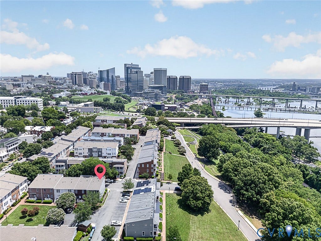 710 S Laurel Street, Oregon Hill, Richmond, VA 23220 Aerial perspective showcasing a residential community with multi-story townhomes