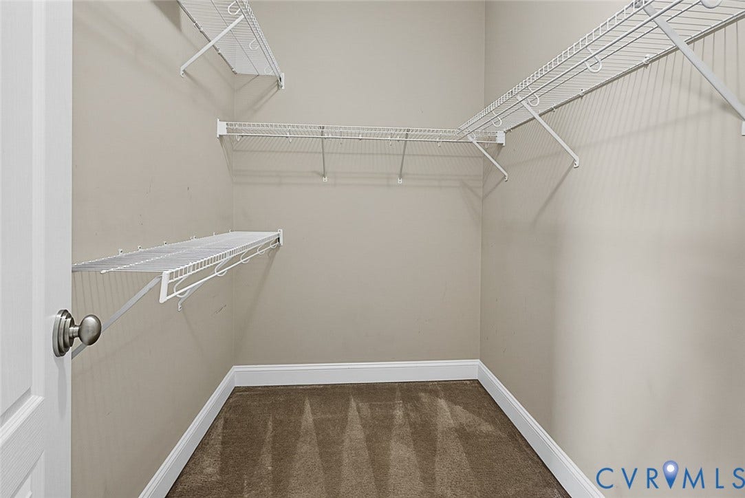 710 S Laurel Street, Oregon Hill, Richmond, VA 23220 Organized closet space featuring wire shelving and hanging rods, neutral wall paint, and a plush carpeted floor