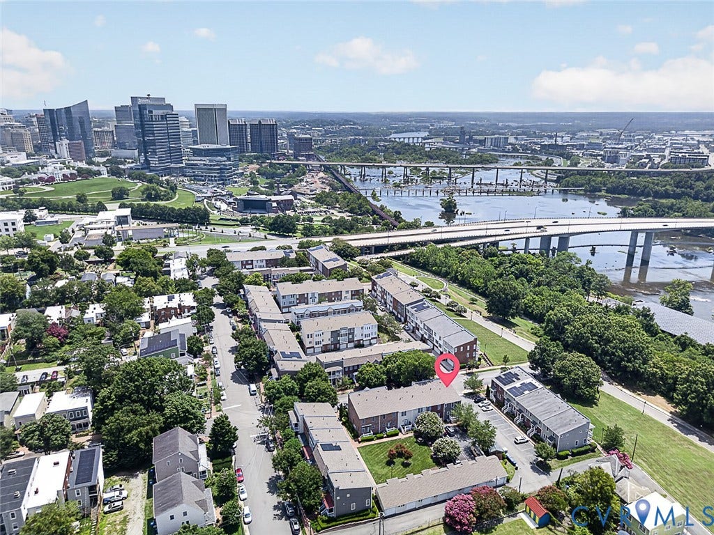 710 S Laurel Street, Oregon Hill, Richmond, VA 23220 Aerial perspective showcasing the property within a residential district