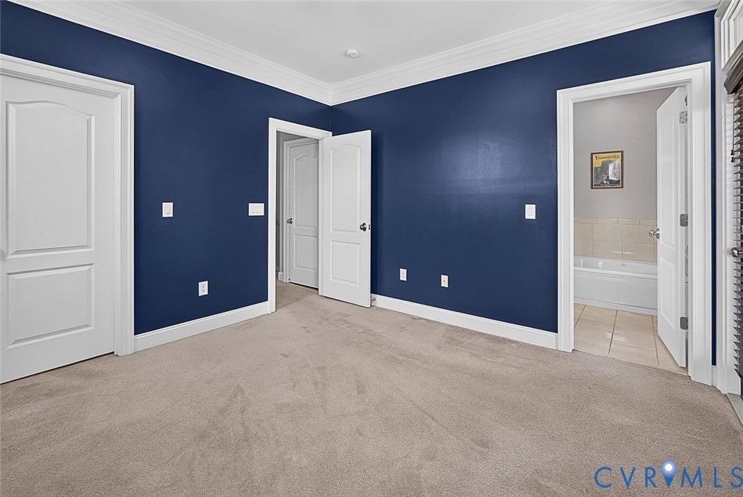710 S Laurel Street, Oregon Hill, Richmond, VA 23220 Carpeted interior space featuring dark blue walls with white trim and crown molding