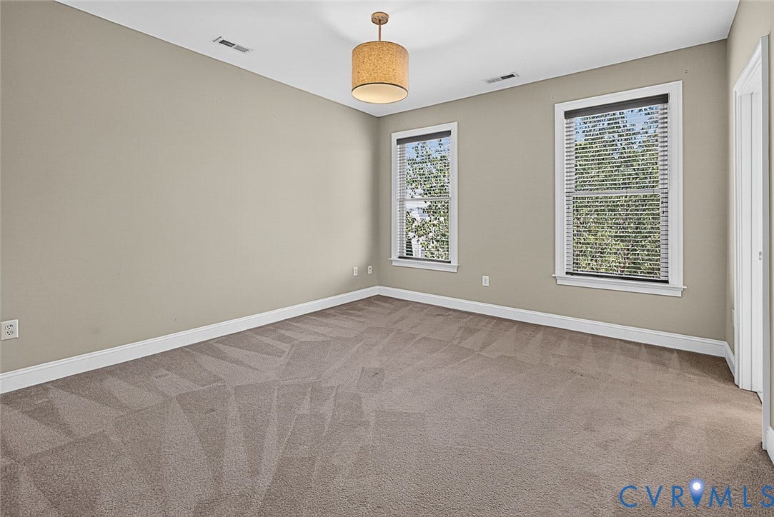 710 S Laurel Street, Oregon Hill, Richmond, VA 23220 Spacious room featuring neutral paint, two windows with blinds, and geometric patterned carpet