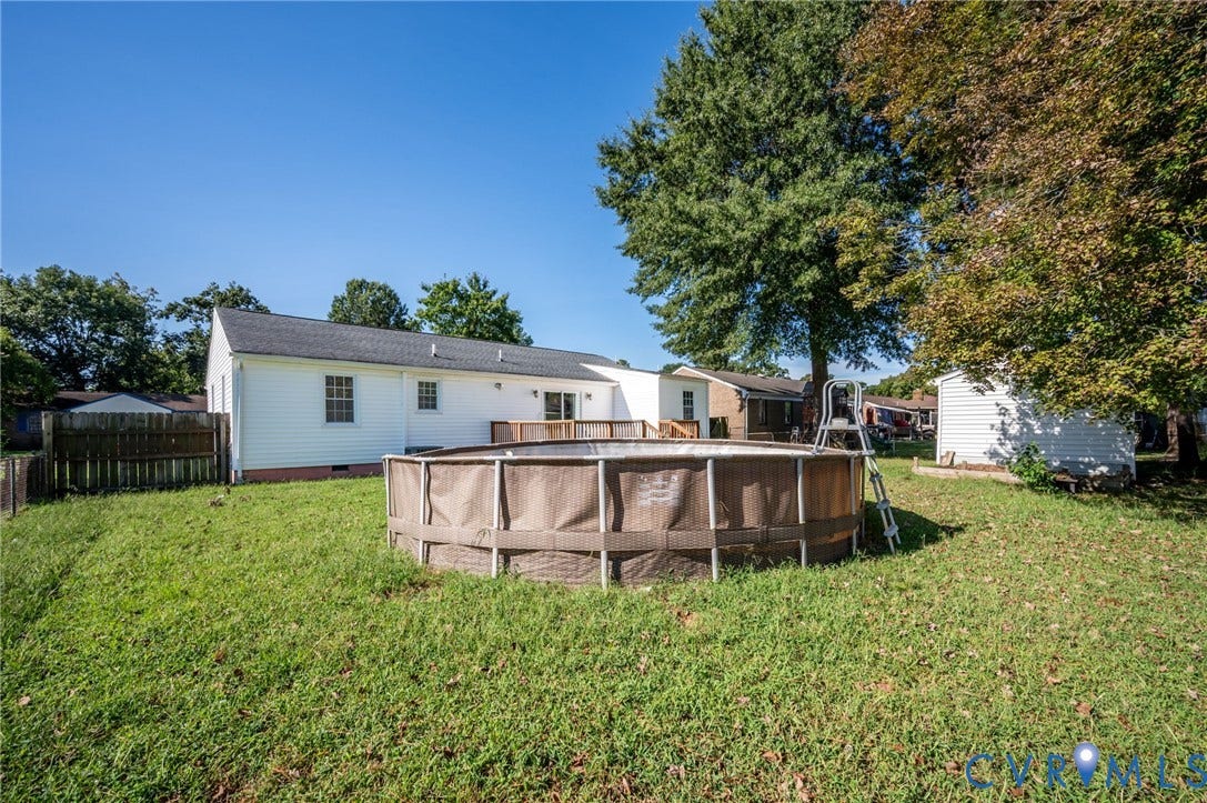 912 Williamsburg Road, Colonial Manor, Colonial Heights, VA 23834 Expansive backyard featuring a large above-ground pool, a white siding storage shed, and mature trees