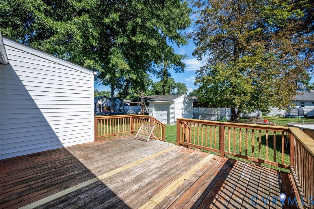 912 Williamsburg Road, Colonial Manor, Colonial Heights, VA 23834 Expansive outdoor wood deck with natural wood railings, overlooking a grassy yard with mature trees