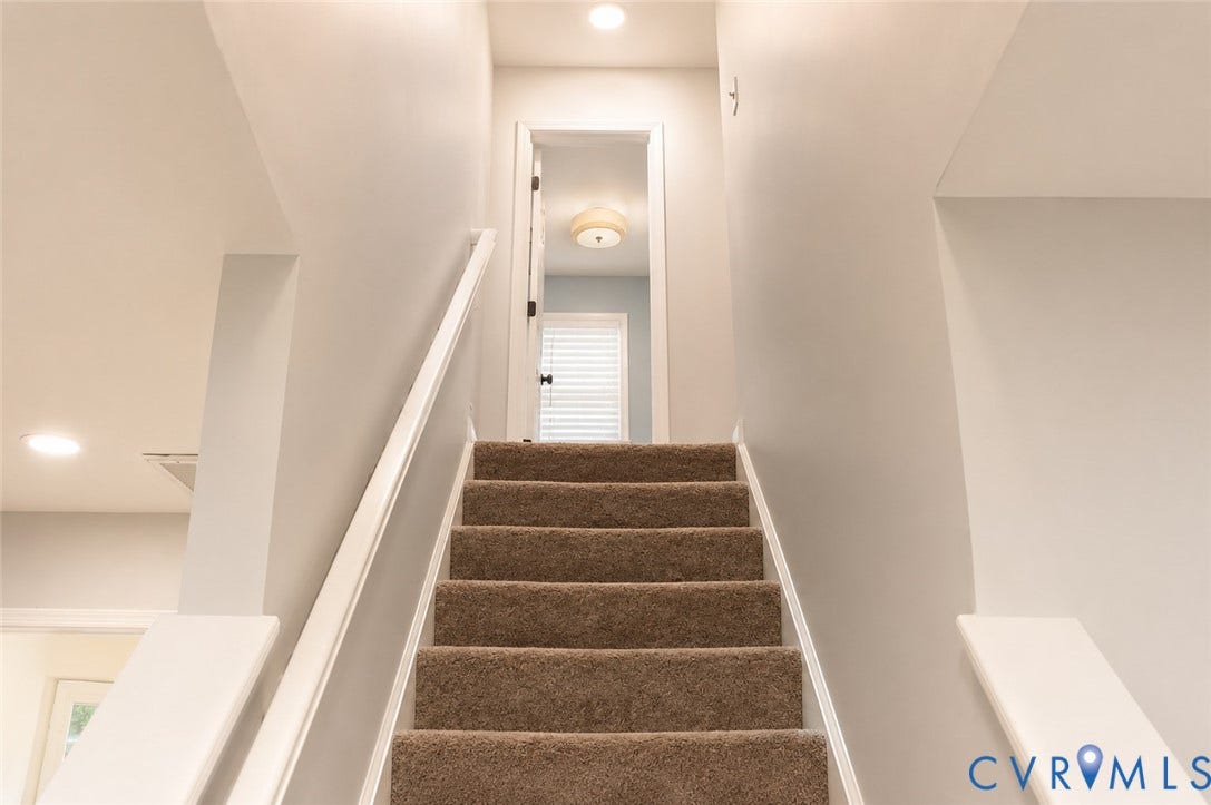 2120 Oakhampton Place, Henrico, VA 23233 Carpeted staircase with white balustrade and risers