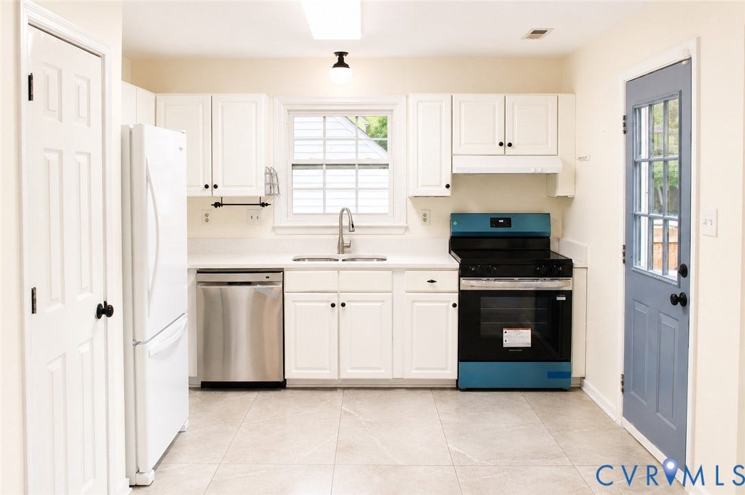 2120 Oakhampton Place, Henrico, VA 23233 Modern kitchen featuring white cabinetry, light-toned countertops, tile flooring, and stainless steel appliances including a dishwasher and range