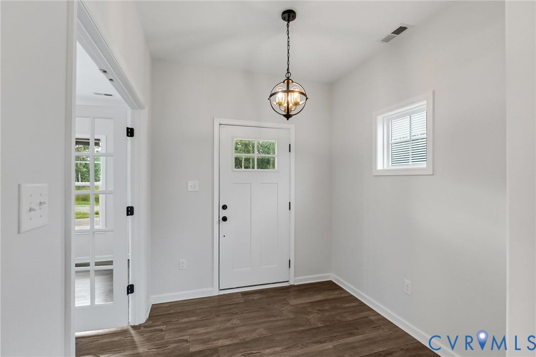 2007 Arcadia Avenue, Chester, VA 23831 Entryway featuring wood-finish flooring, a white paneled entry door with window panes, and a modern orb pendant light fixture