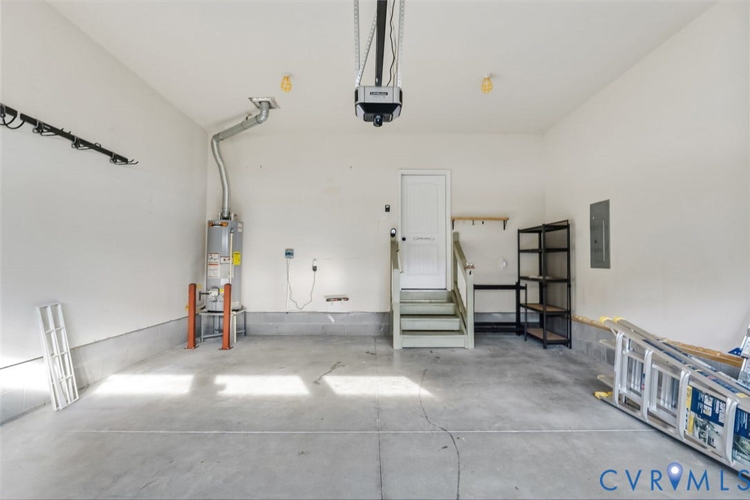2007 Arcadia Avenue, Chester, VA 23831 Spacious garage featuring a concrete floor, white painted walls, and a built-in water heater