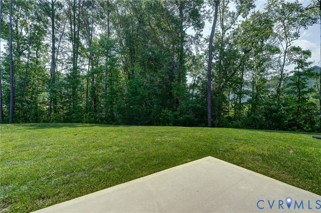 Spacious backyard featuring a concrete patio, expansive lawn, and mature trees providing a natural backdrop