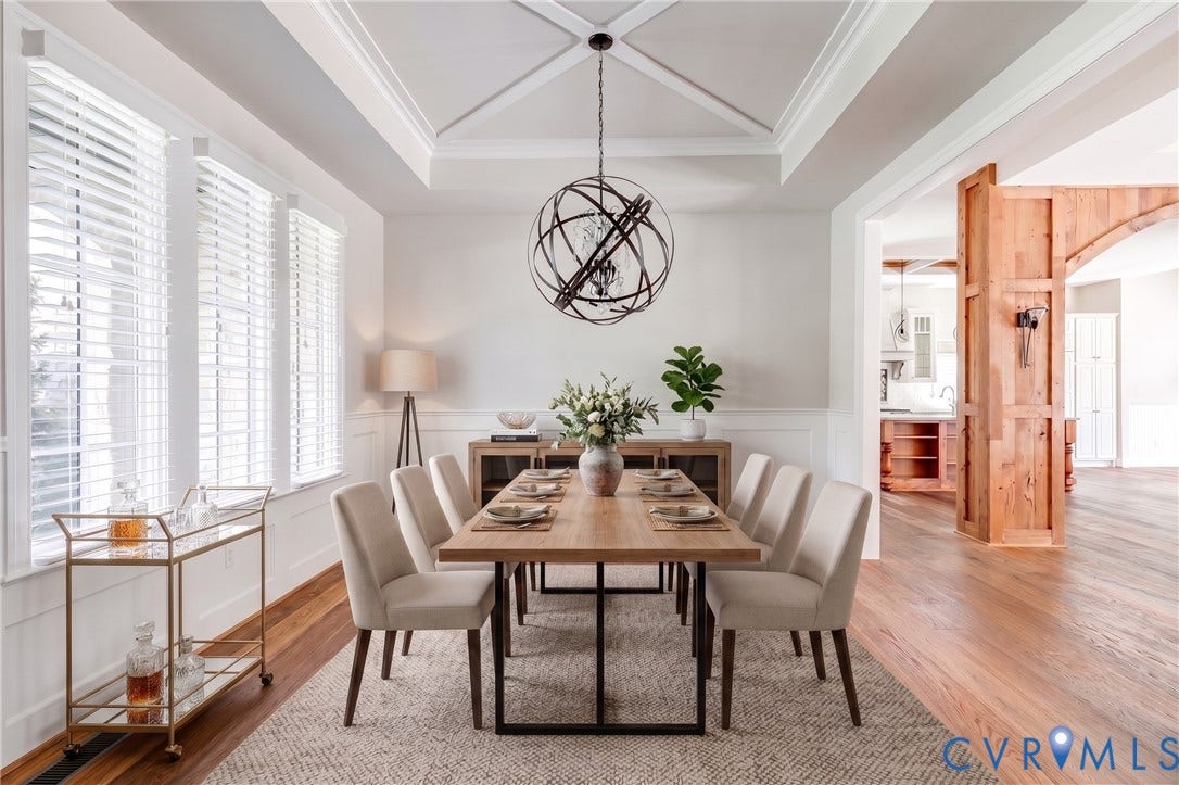 1978 Farnborough Drive, Midlothian, VA 23112 Dining area featuring hardwood flooring, a coffered ceiling, wainscoting, and a linear array of windows. Virtually Staged