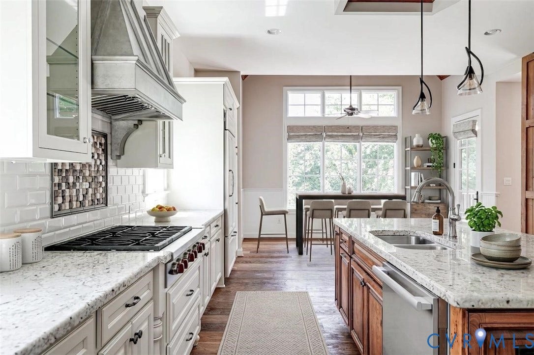 1978 Farnborough Drive, Midlothian, VA 23112 Gourmet kitchen featuring white cabinetry, granite countertops, an oversized island with seating, integrated appliances, and wood-finish flooring. Virtually Staged