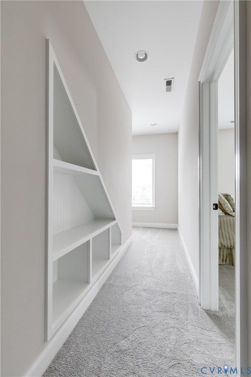 1978 Farnborough Drive, Midlothian, VA 23112 Hallway featuring a built-in shelving unit with beadboard backing, recessed lighting, neutral wall paint, and gray carpet flooring