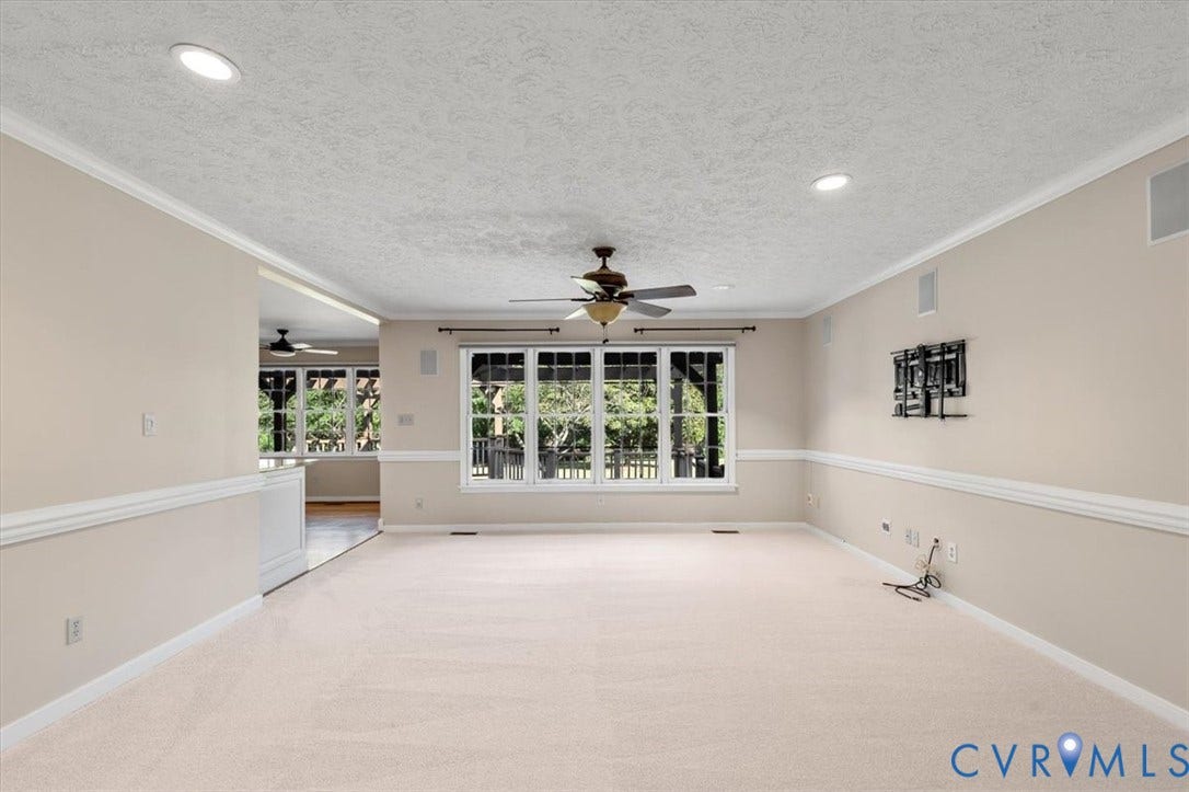 1437 Palmore Road, Powhatan, VA 23139 Spacious room featuring carpeting, recessed lighting, crown molding, and a ceiling fan